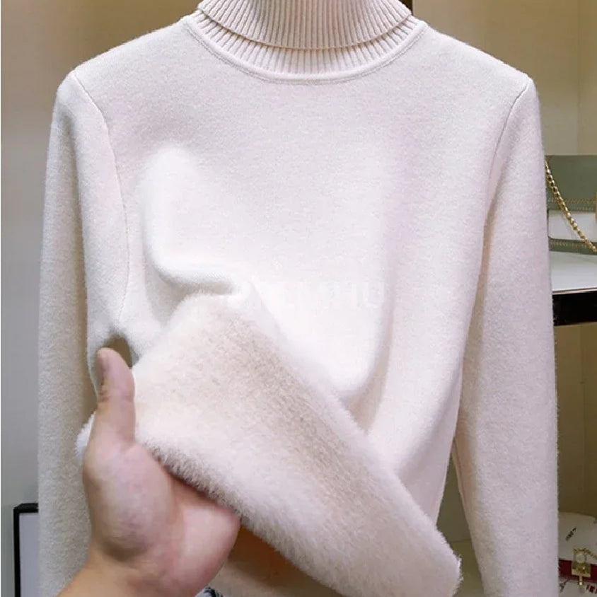 Warm Knit Pullover New Thicken Turtleneck Sweater For Winter Women Casual Slim Plush Lined Soft Long Sleeve Knitwear Jumper Tops basic apricot