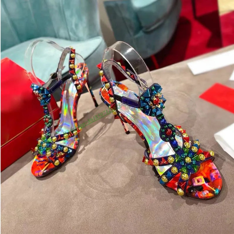 Color Round Toe Open Toe Cross Strap Rivet Sandals Women's Leather Stiletto T-strap High-Heeled Shoes As picture