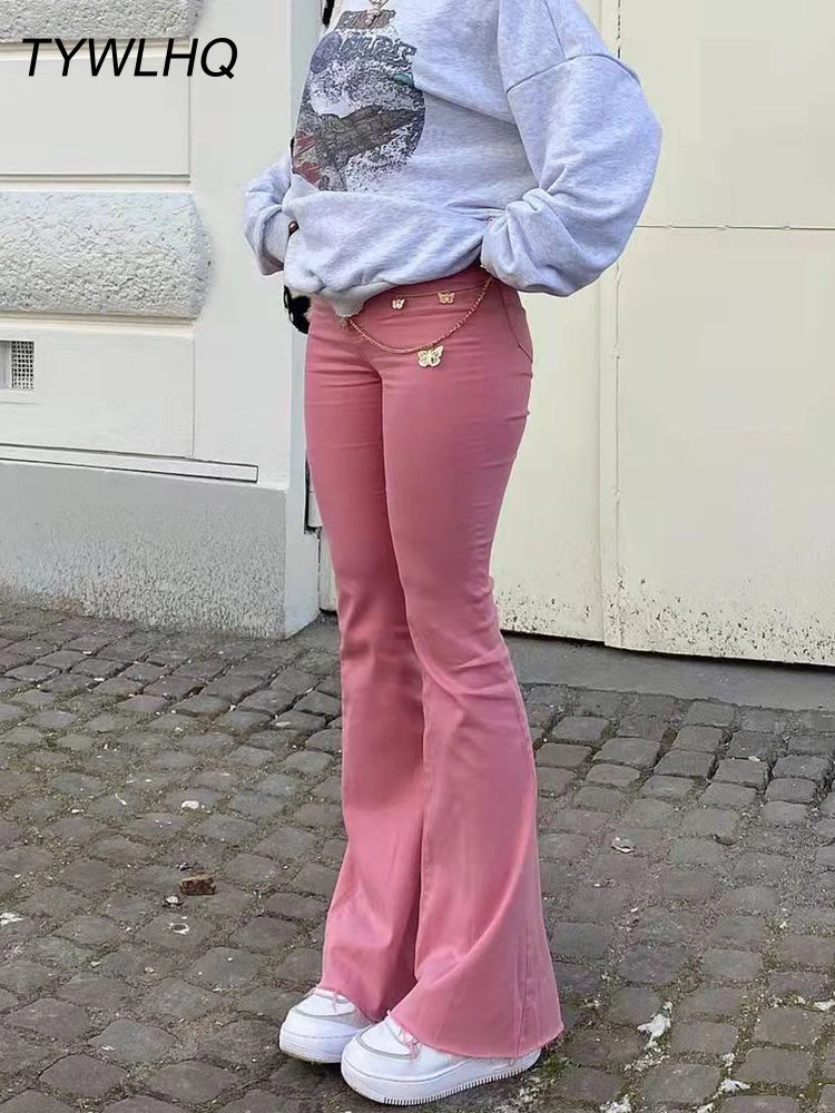 Streetwear Y2k Flared Jeans Women High Waist 90S Fashion Pink Stretch Baggy Mom Jeans Wide Leg Pants Elegant Denim Trousers 2023