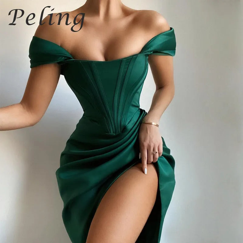 Peling Fashion Evening Dress for Women Off Shoulder Sexy Party Club Dress Split Ruched Bodycon Autumn Robe Wedding Dress Vestido