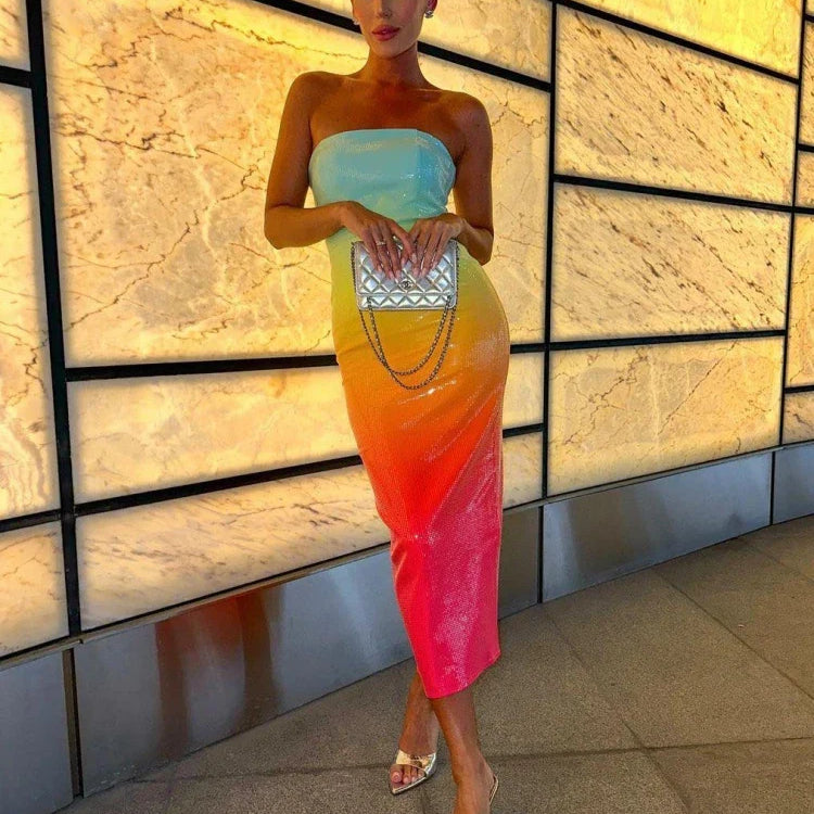 Summer Sexy Strapless Rainbow Sequins Long Dress Women Colorful Sequins Backless Bodycon Dress Cocktail Party Club Dresses