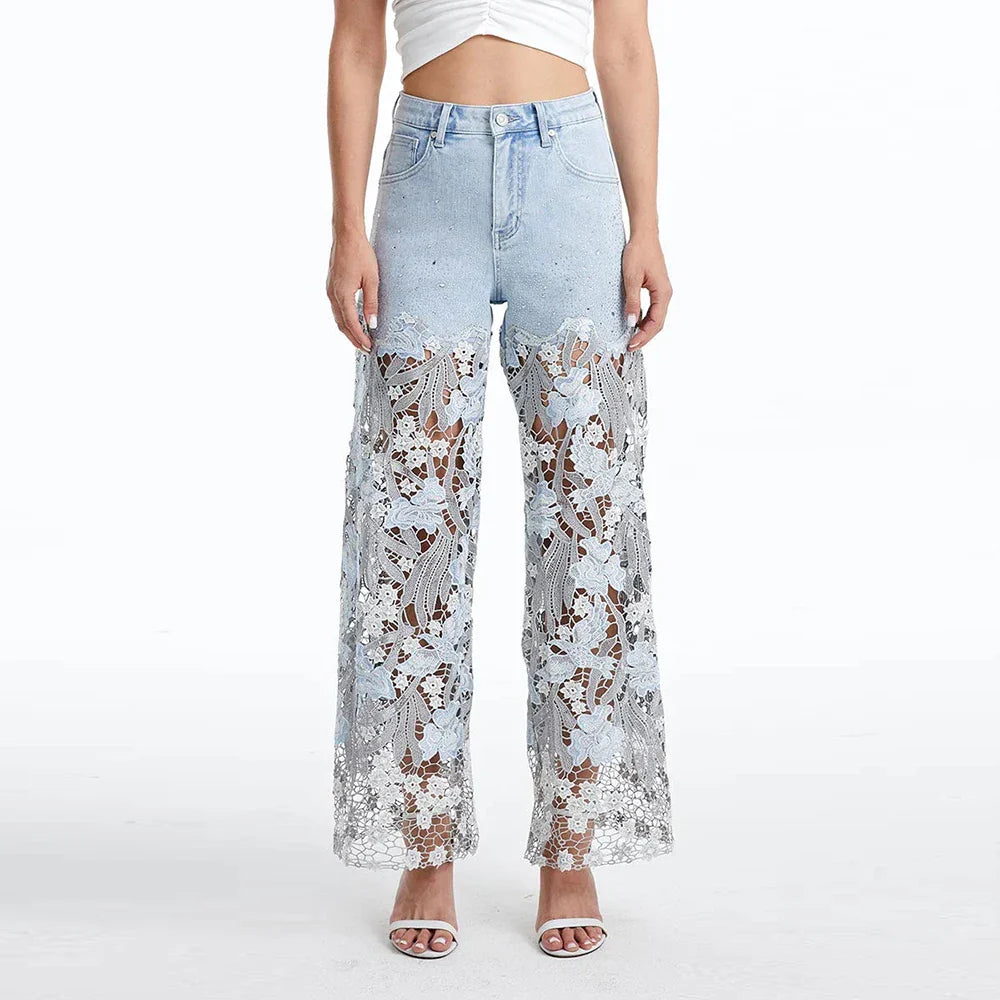 Solid Loose Spliced Hollow Out Fashion Jeans for Women High Waist Patchwork Applique Wide Leg Pants Female Clothing