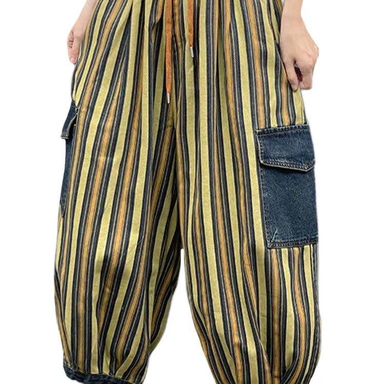 Spring Womens Fashion Striped Denim Wide Leg Pants Ladies Classic Loose Vintage Casual Jeans Females Punk Trousers