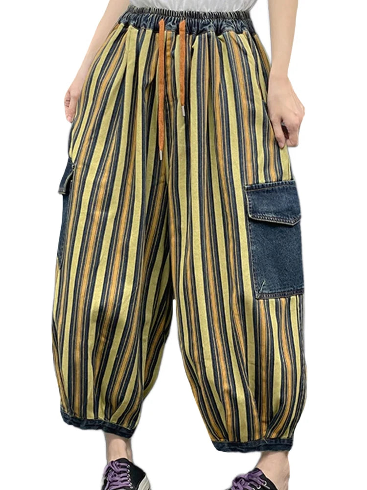 Spring Womens Fashion Striped Denim Wide Leg Pants Ladies Classic Loose Vintage Casual Jeans Females Punk Trousers