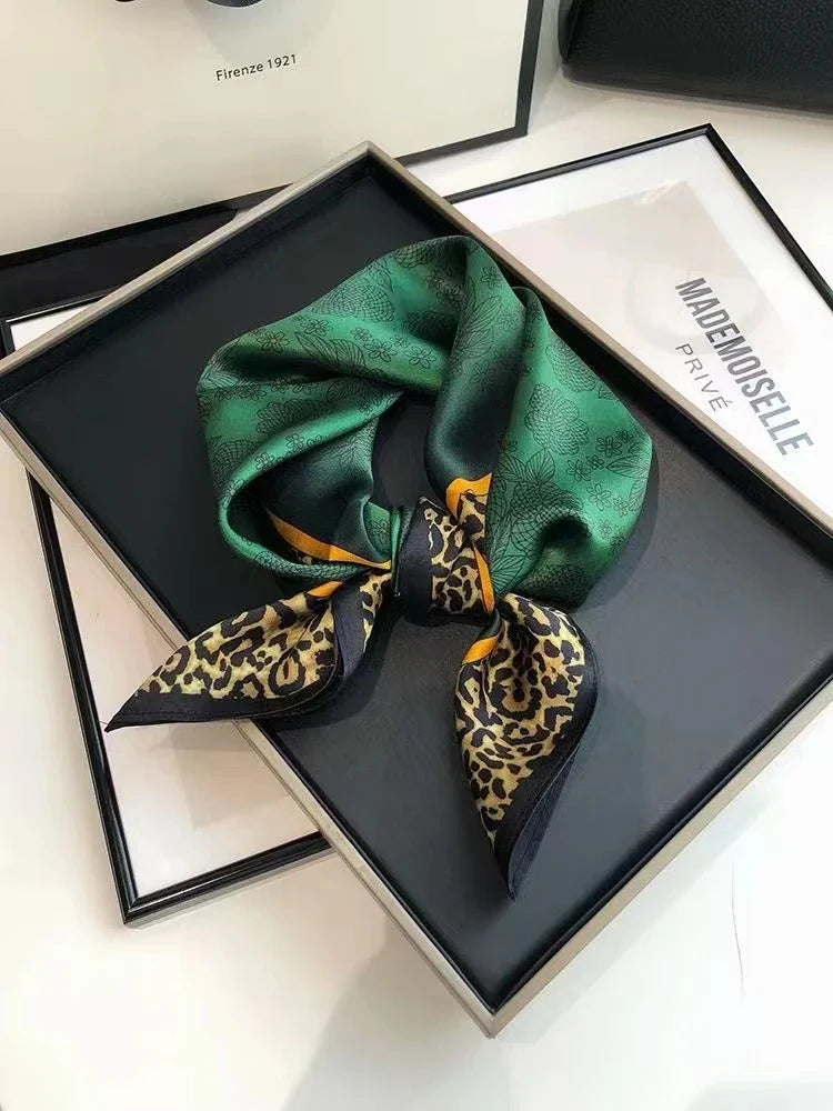 BYSIFA| New Grey Blue Silk Scarf Fashion Floral Design 70cm Square Scarves Fall Winter Neck Scarf Hijab Sweet Headband 65*65cm black gold green