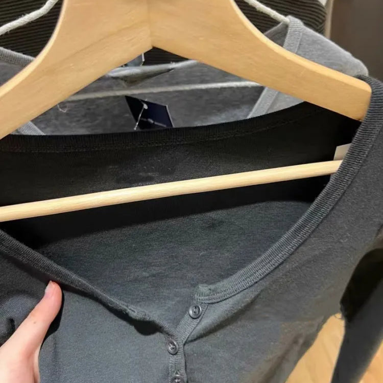 Casual Women Fashion Front Buttons Tees Fall Vintage O Neck Long Sleeves Solid Color T shirts Female Chic Tops