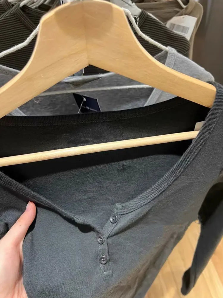 Casual Women Fashion Front Buttons Tees Fall Vintage O Neck Long Sleeves Solid Color T shirts Female Chic Tops