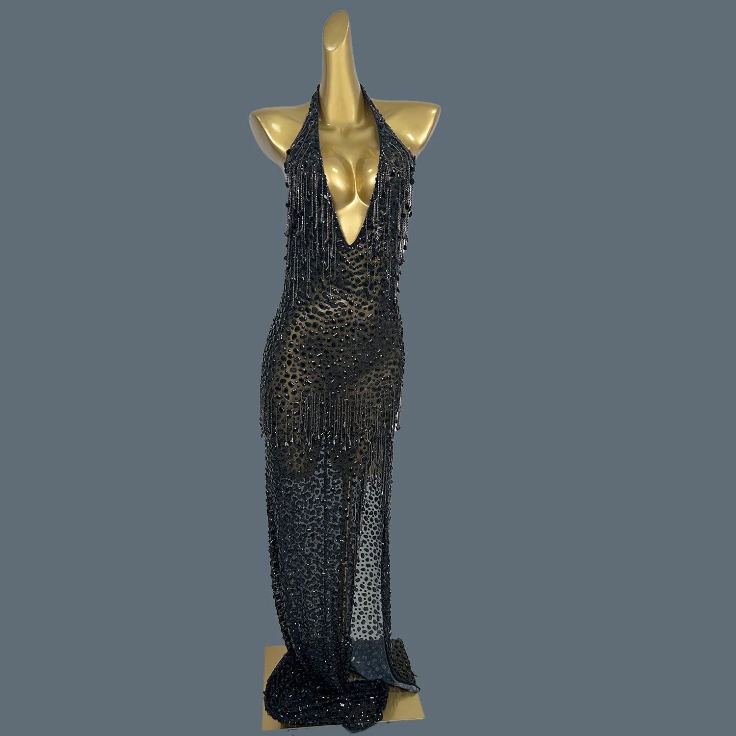 Black Tassel Sparkly Crystals Deep V Neck Evening Gown Low-cut Long Dress Birthday Celebrate Party Photo Shoot Wear Wulongweibo