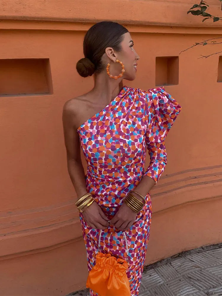 Women's Diagonal Shoulder Printed Maxi Dresses Fashion Asymmetric Long Puff Sleeve Dress New Lady Party Club Vestidos