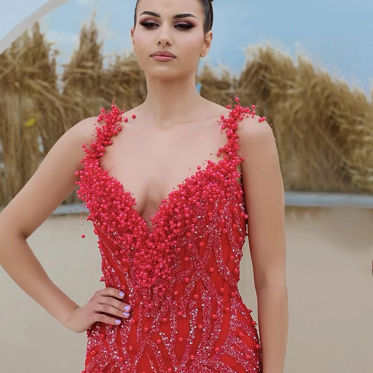 VC Bright Red Mermaid Long Dress Spaghetti Straps V Neck Pearls Embellished Prom Celebrity Party Evening Gowns Vestidos