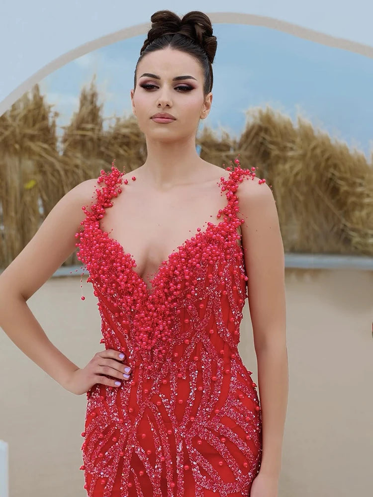 VC Bright Red Mermaid Long Dress Spaghetti Straps V Neck Pearls Embellished Prom Celebrity Party Evening Gowns Vestidos
