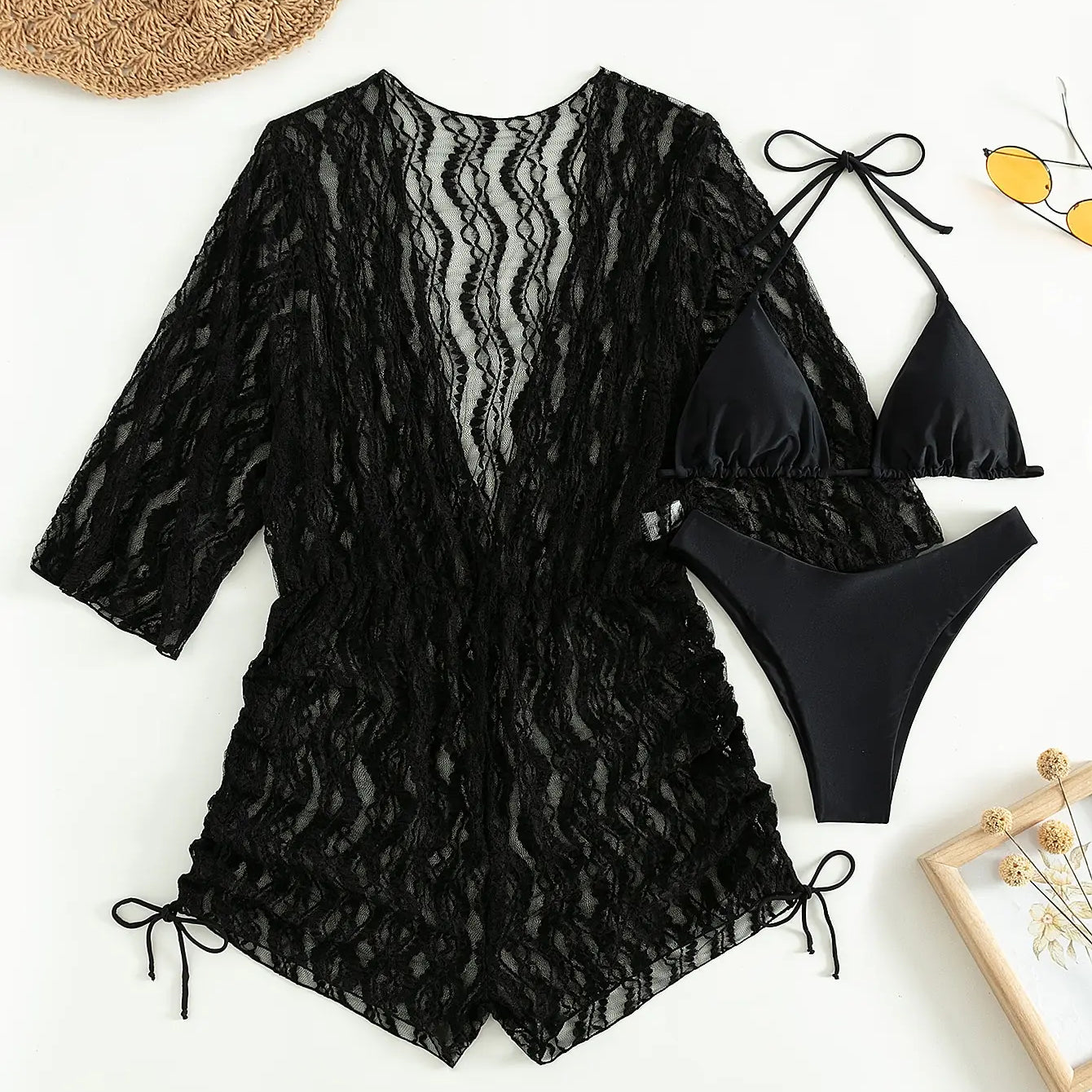 3 Pieces Bikini Tropical Print Swimsuit Halter Drawstring Side Swimwear Women 2023 Bathing Suit Female Swimming Summer Beachwear Black