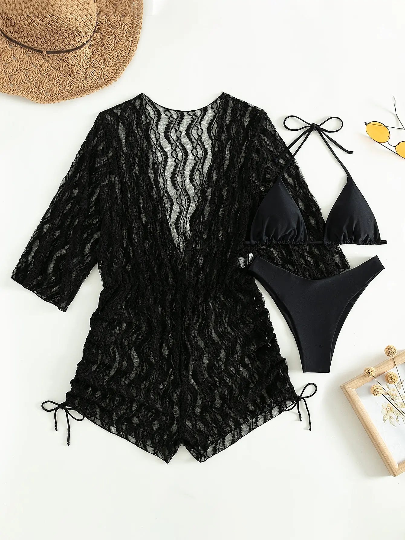 3 Pieces Bikini Tropical Print Swimsuit Halter Drawstring Side Swimwear Women 2023 Bathing Suit Female Swimming Summer Beachwear Black