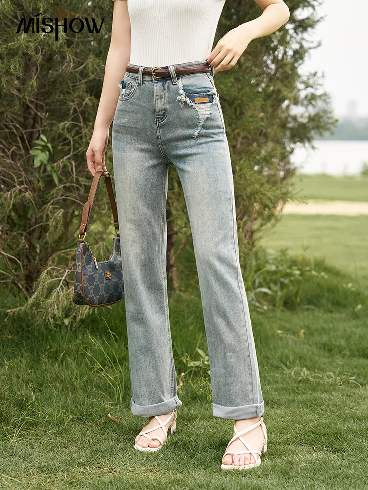 Women's Straight Leg Jeans Summer Denim Retro High Waist Contrast Color Pockets Dilapidated Casual Pants
