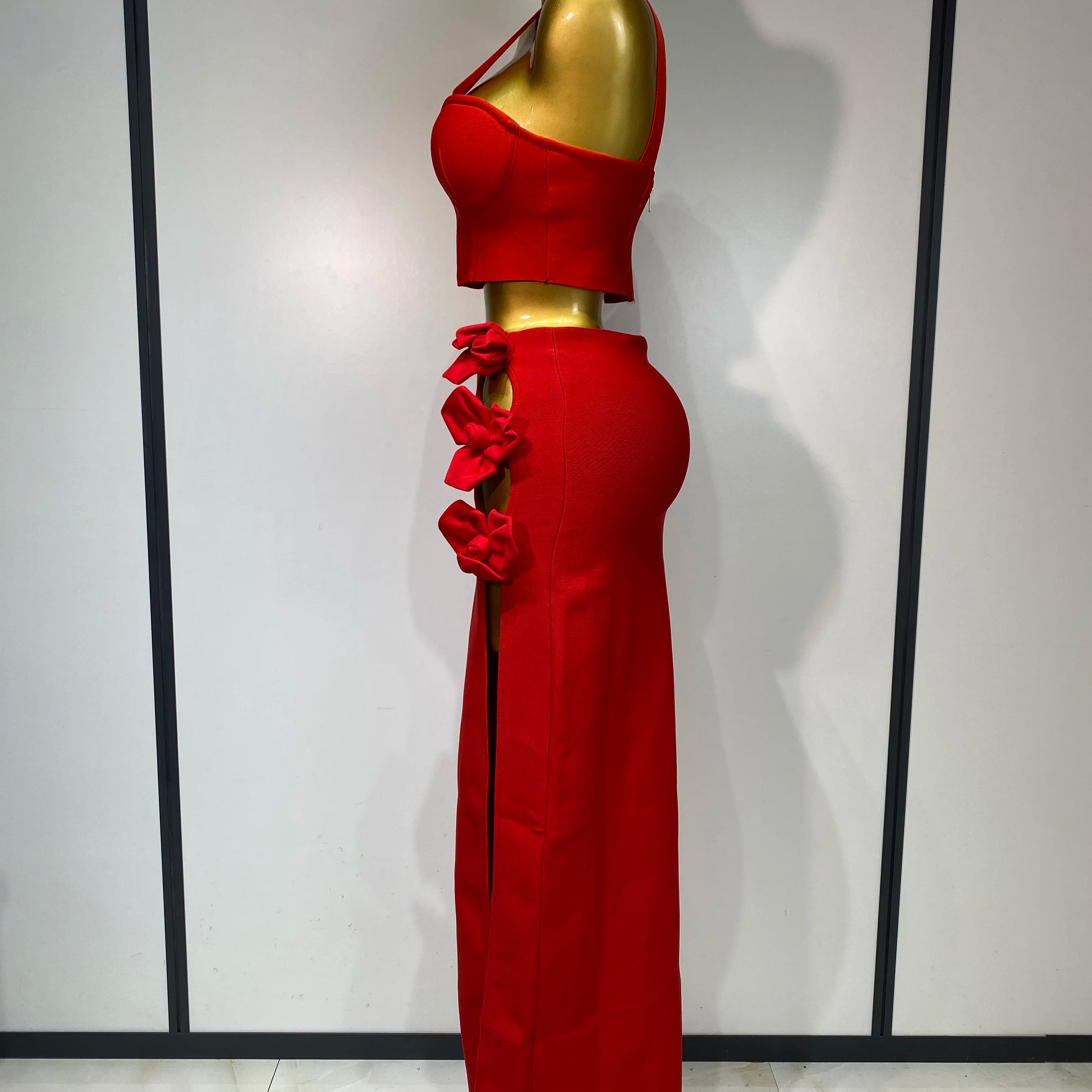 Women Red Top Flower Skirt Two Piece Set Evening Party Nightclub Elegant Host Tight Sexy Club Bodycon Bandage Long Skirt