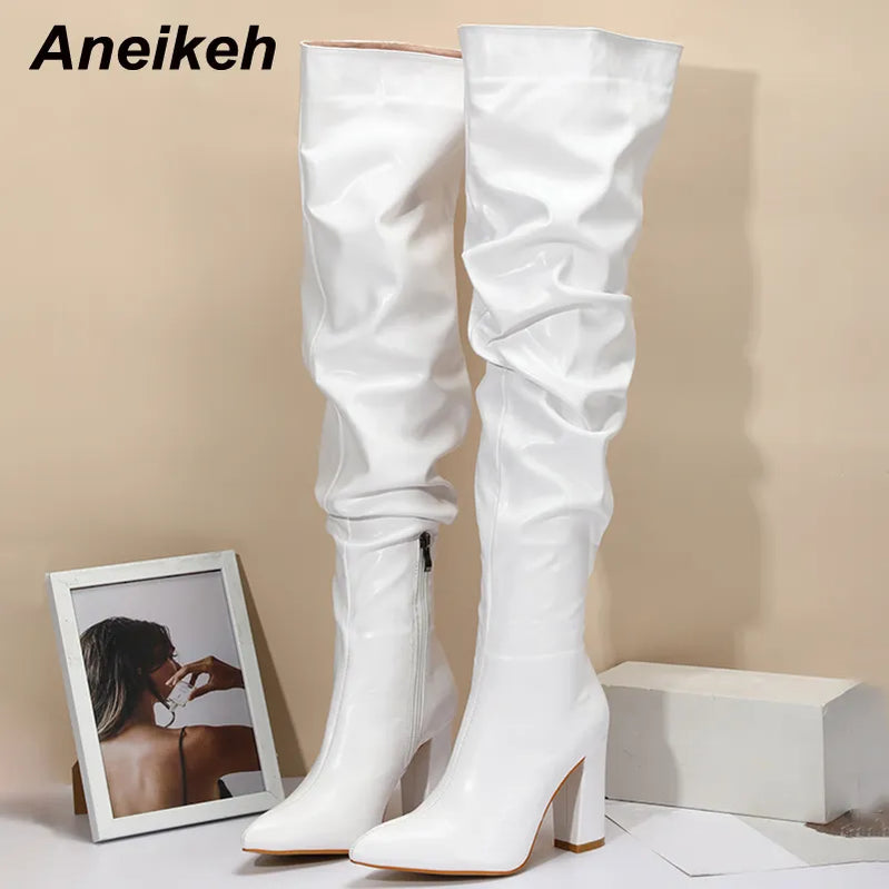 Design White Pleated Leather Over The Knee Boots Fashion Runway Thick High Heels Sexy Pointed Toe Zip Womans Shoes