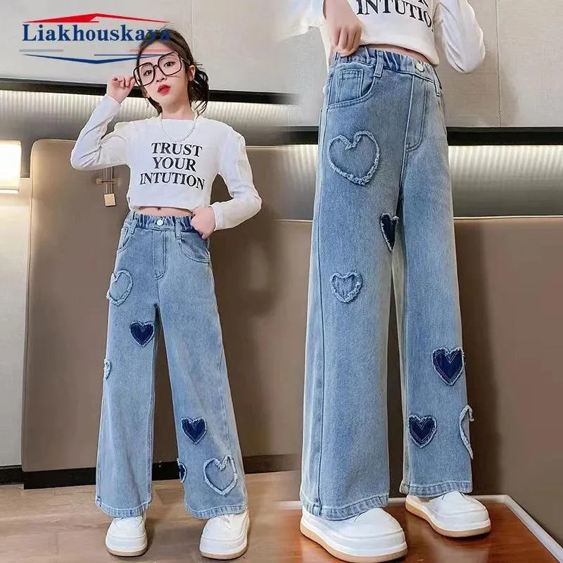 Girls Hole Sale Hanger Jeans Pants Kids Denim Trousers Casual Clothes For Teenagers Girl Spring Winter Trendy Children Clothes Fashion Love