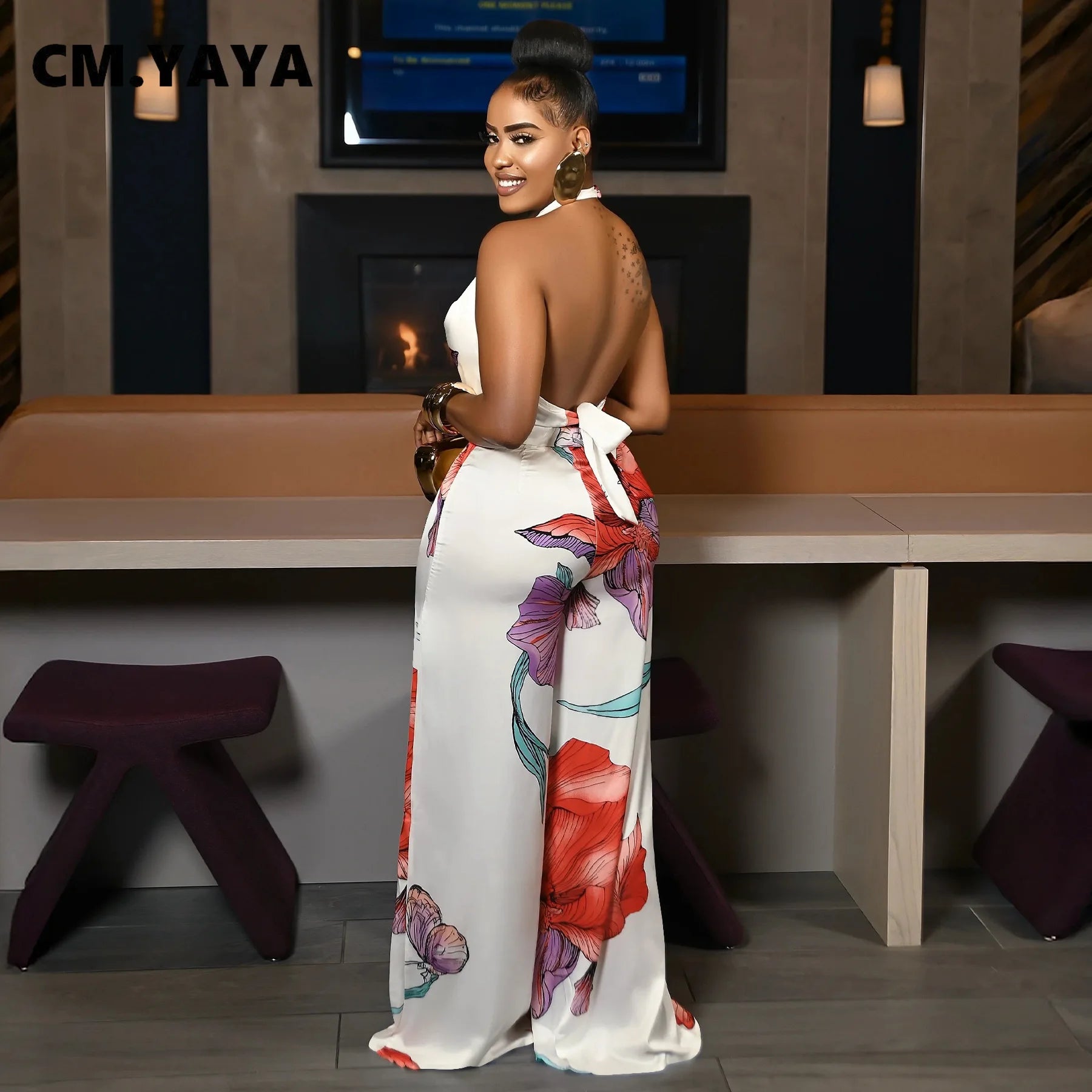 CM.YAYA Women's Set Pile Collar Elegant Floral Print Top and Wide Leg Pants Suit 2025 Summer Two 2 Piece Sets Outfit Tracksuit