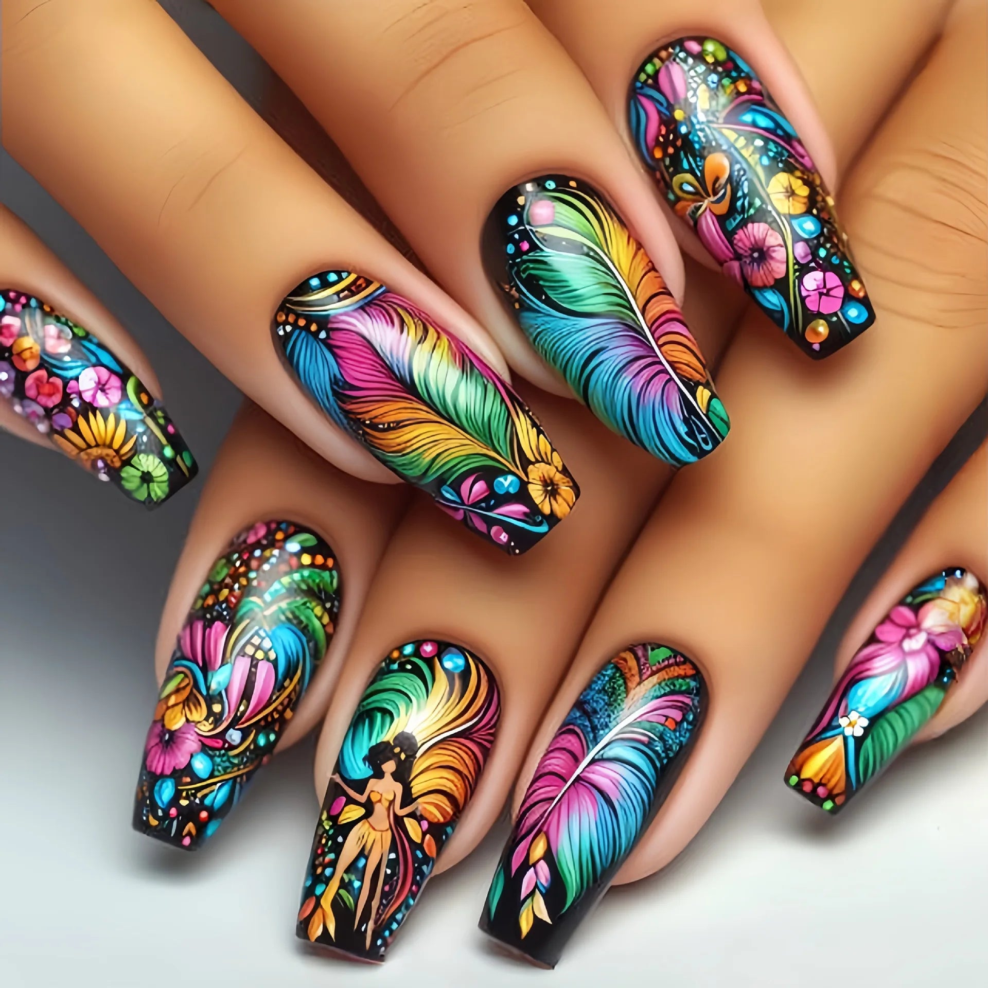24pcs/set medium long fake nails fashion butterfly feather forest sea wave design gradient blue purple green press on false nail