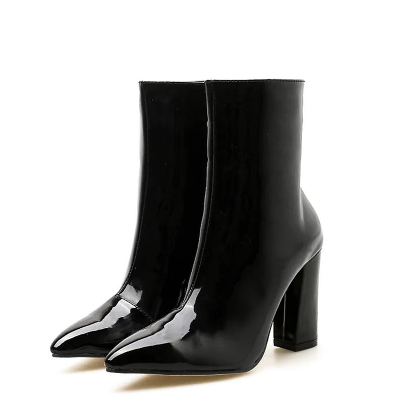 Spring Fashion Silver Patent Leather Women Ankle Boots Pointed Toe Square High Heels Shoes Chelsea Botas De Mujer Black