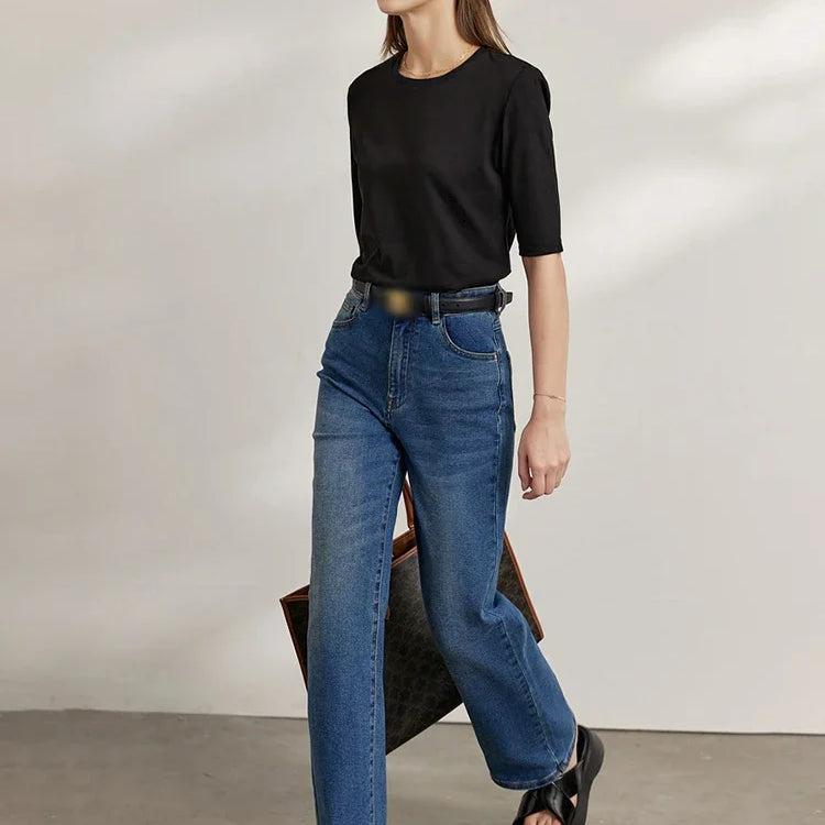 Minimalism Autumn Jeans For Women Straight Trousers Cotton Denim High Waist Wide Leg Casual Loose Pants