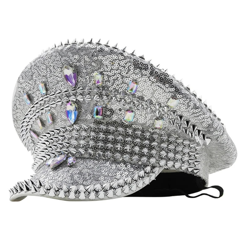 Rhinestones Bridal Hat for Wedding Glittering Fedora Sequin Hat Novelty-Party Hat Holiday Captain Hat for Bridal Shower 56 60cm 4