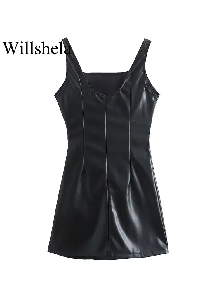 Women Fashion Black PU Leather Mini Slip Dress Vintage Square Collar Back Zipper Sleeveless Female Chic Lady Dresses