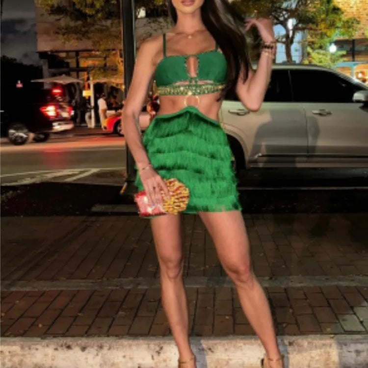 Green Color Women Sexy Strap Bodycon Mini Bandage Dress Tassels Shinning Crystal Nightclub Party Celebrate Dress