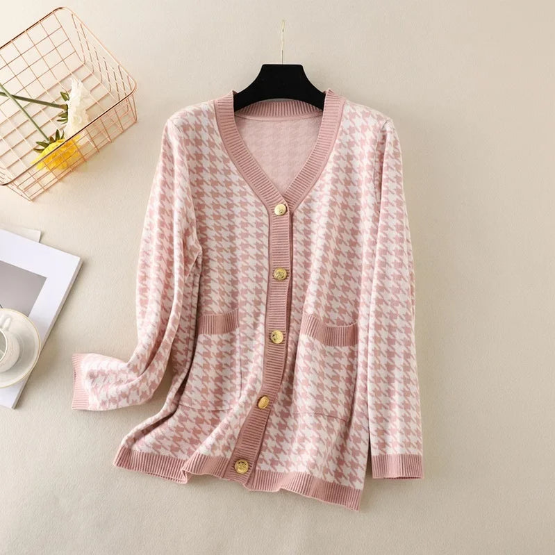 Houndstooth Cardigans Long Sleeve Sweater Women Autumn Winter Clothes Open Stitch Female Outwear Streetwear Knitted Cardigan pink One Size