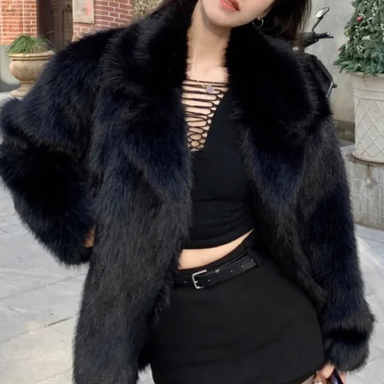 Lautaro Winter Loose Casual Thick Warm Soft Hairy Faux Fur Coat Women Luxury High Quality Furry Fluffy Jacket Korean Fashion Black