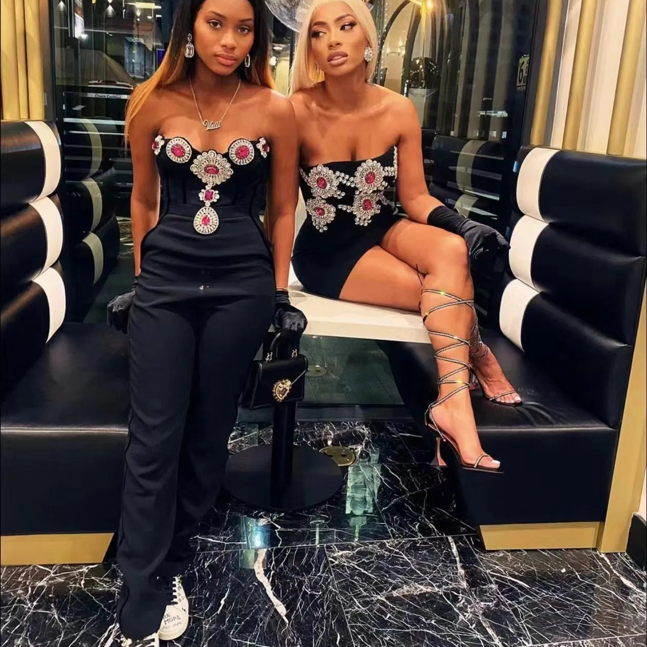 Fashion Celebrate Sparkly Crystals Women Sexy Strapless Bodycon Bandage Jumpsuit Runway Nightclub Party Wear Wholesale