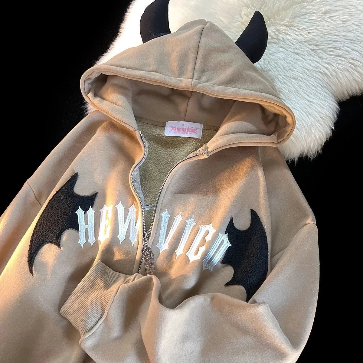 Retro Little Devil Horn Hoodies Y2k Women Letter Embroidery Zipper Hooded Sweatshirt Harajuku Casual Loose Jacket Coats khaki