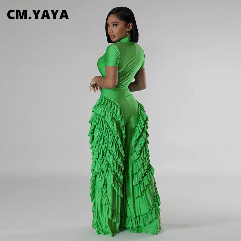 CM.YAYA Fashion Women Mult Ruffles Short Sleeve Zipper Fly Wide Leg Shirt Jumpsuit 2024 Streetwear Romper One Piece Set Playsuit