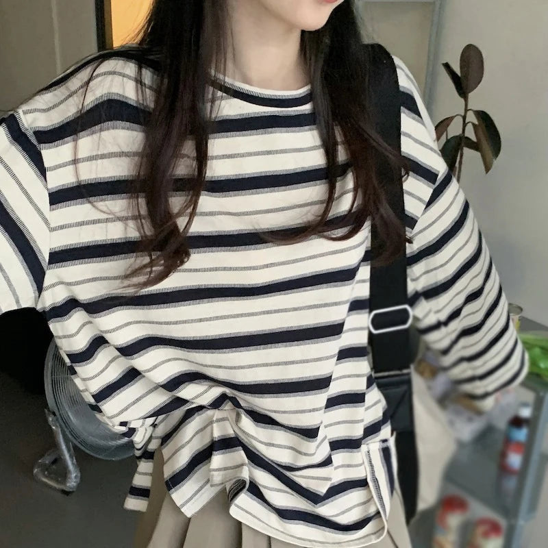 T-shirts for Women Streetwear Woman Clothing Y2k T-shirts Korean Fashion Striped Long sleeve T-shirts Student Tops