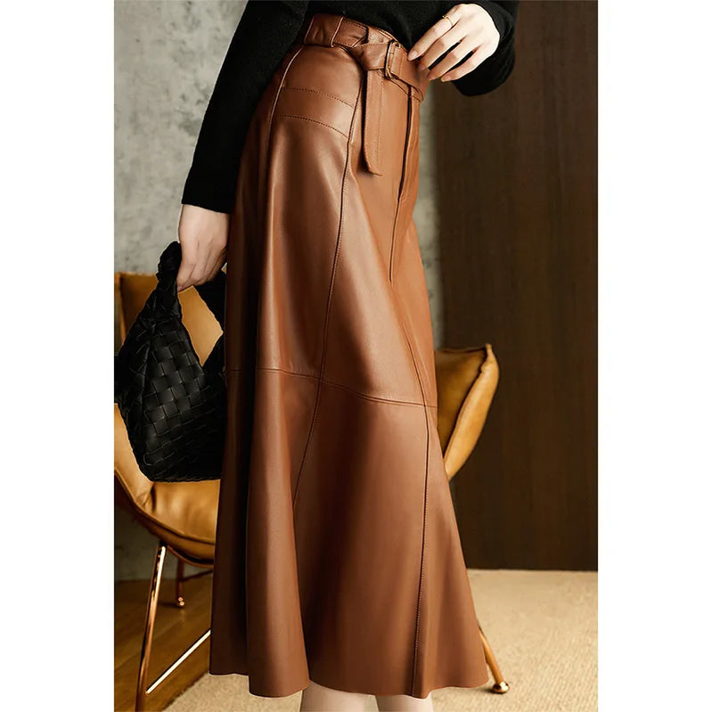 Vintage Brown High Waist A-Line PU Leather Skirt with Belts A Swing Long Office Lady Skirts Autumn/Winter New in Women Outfits