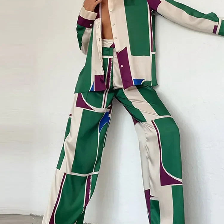 QNPQYX Fashion Printed Long Sleeve Shirt 2 Piece Set Women Loose Turndown Collar Tops Suits Female Casual Straight Pants Outfis