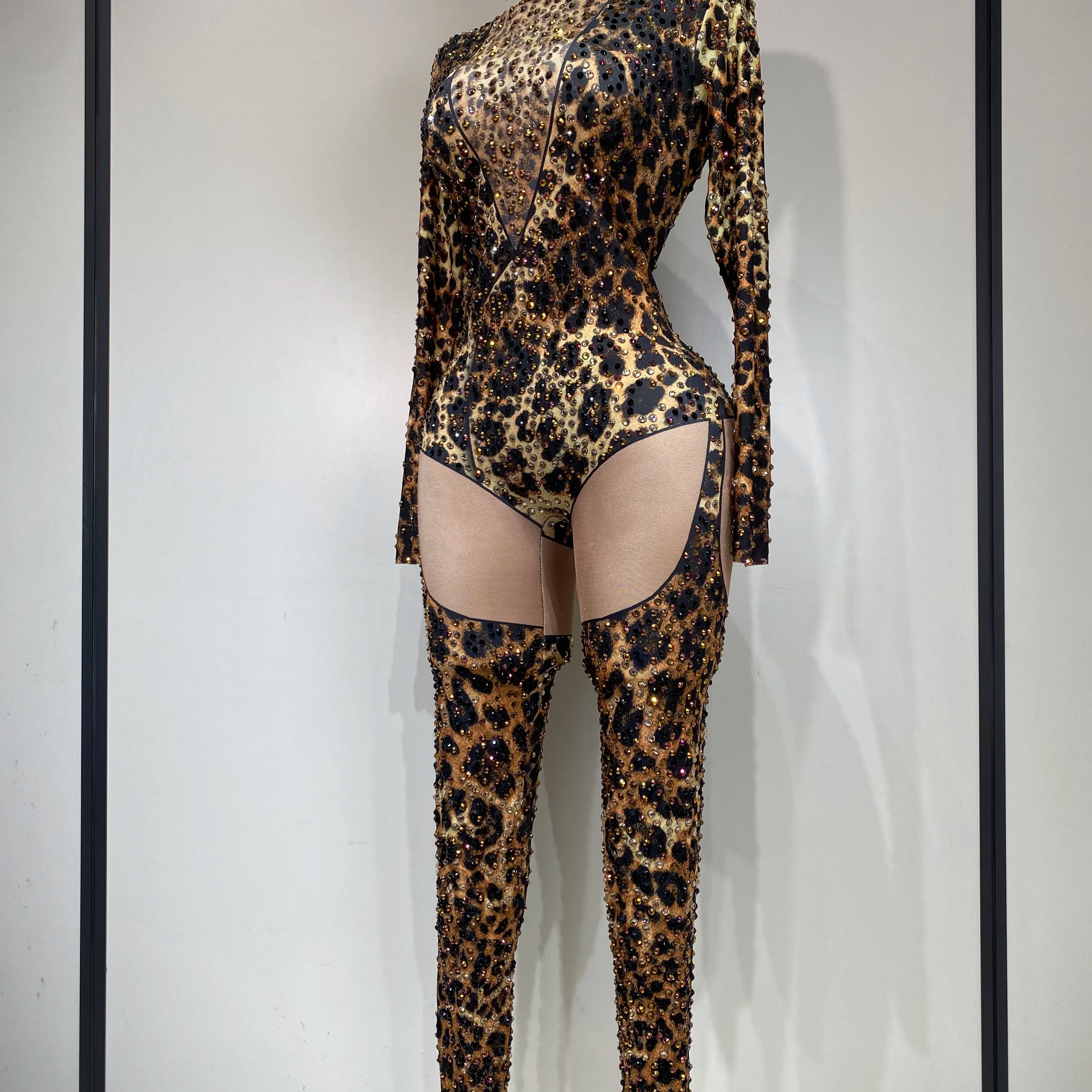 Women 2025 Stretch Leopard Print Sexy Bodycon Jumpsuit Bar Nightclub Singer Dancer Luxury Diamond Stage Performance Outfit