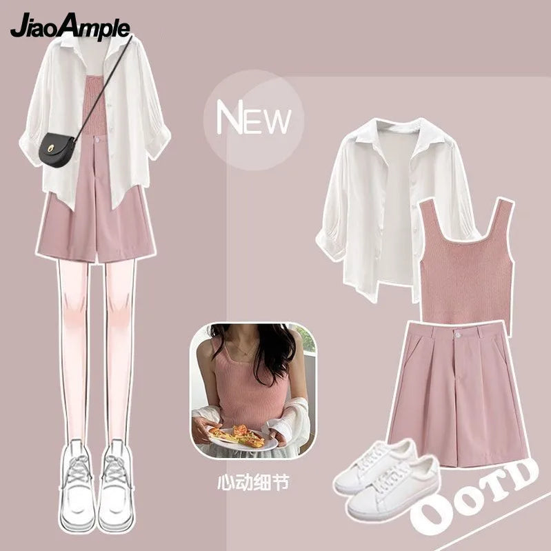 Women's Tracksuit Suit Summer Casual Sunscreen Shirt Top Vest Shorts Three Piece Korean Chic Blouse Pants Matching Set