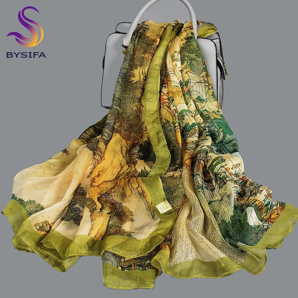 [BYSIFA] White 100% Silk Scarf Cape Fashion Floral Design Long Scarves Women Summer Utralong Beach Shawl Winter Scarves180*110cm light green
