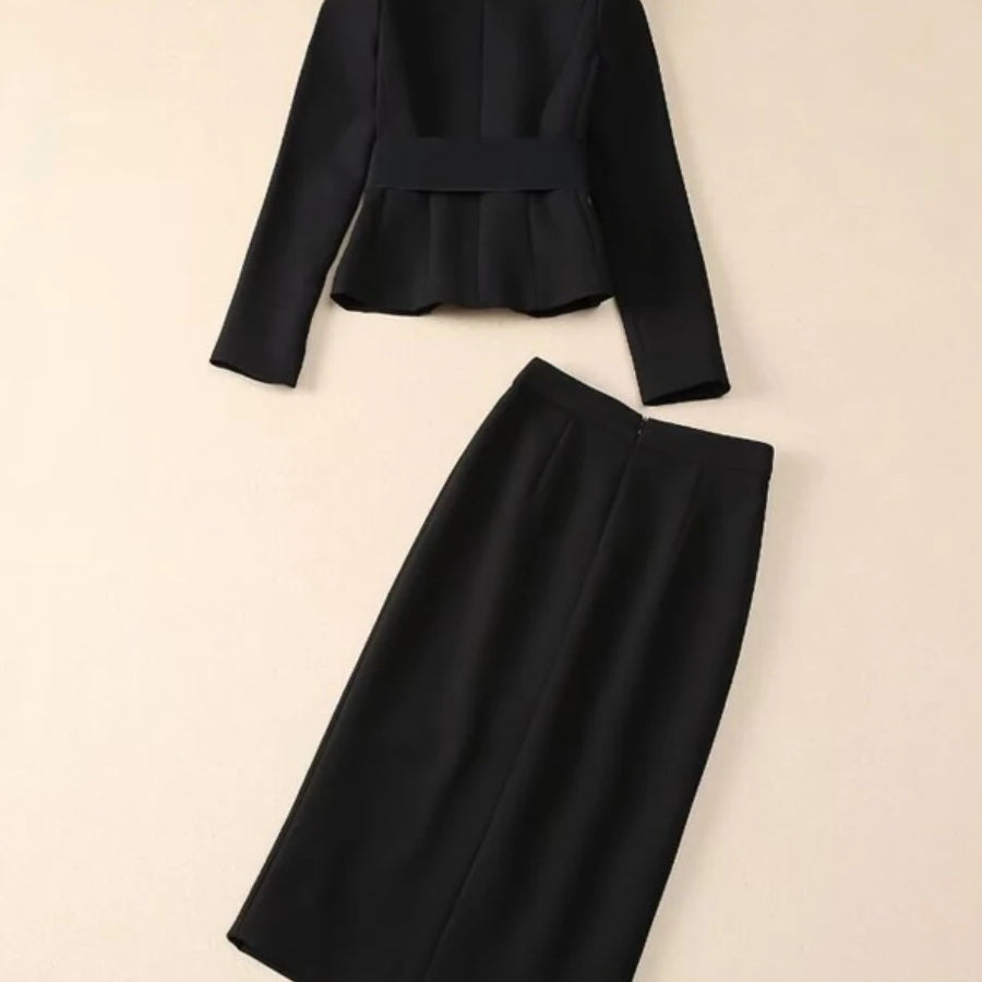 TWOTWINSTYLE Solid Spliced Appliques Two Piece Sets for Women V Neck Long Sleeve Top High Waist Split Skirts Elegant Set Female