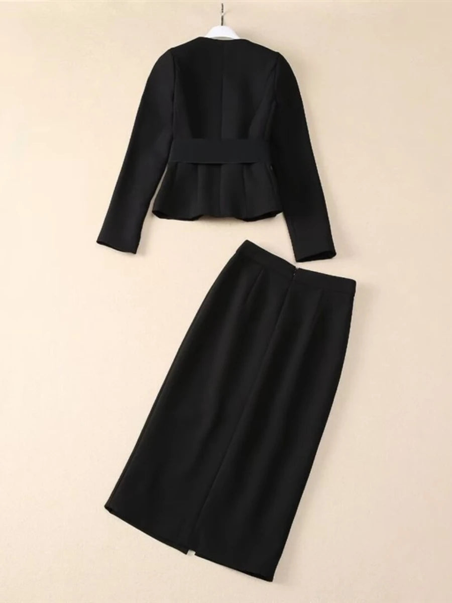TWOTWINSTYLE Solid Spliced Appliques Two Piece Sets for Women V Neck Long Sleeve Top High Waist Split Skirts Elegant Set Female