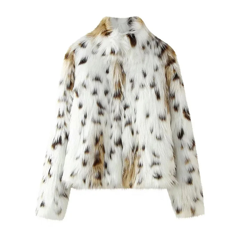 Leopard Faux Fur Coat Women Short Autumn Winter Plush Stand Collar Panelled Jacket Female Warm Stylish Outerwears Lady Casual Leopard