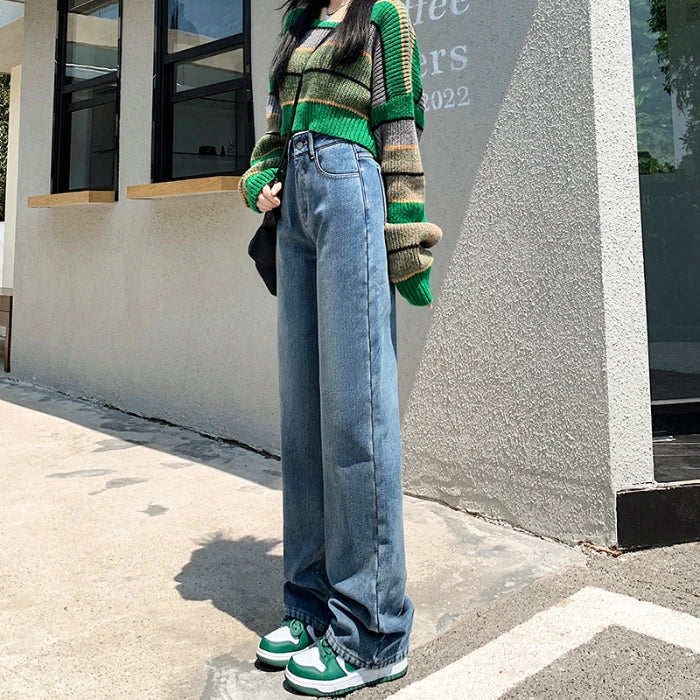 High Waisted Women Denim Jeans Straight Loose New Arrival Daily Pants Fashion Brand Spring Summer Trousers All-match Ninth Length blue