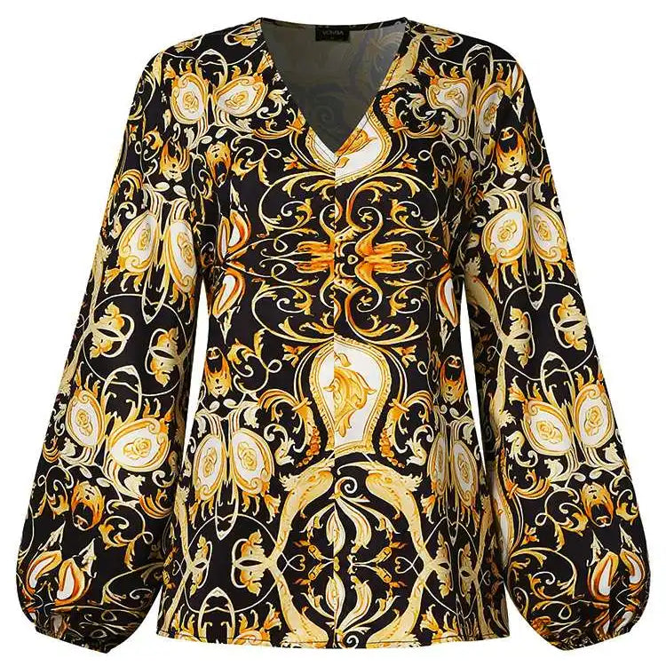 Plus Size 5XL VONDA Women Printed Pant Sets Summer Bohemian Suits Casual 2PCS Loose V-Neck Long Sleeve Tops and Trousers Sets