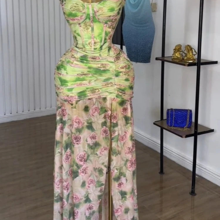 CM.YAYA Women Sleeveless Floral Print Strap Stacked Ruched High Split Tunic Maxi Long Dress 2025 Birthday Vacation Beach Dresses