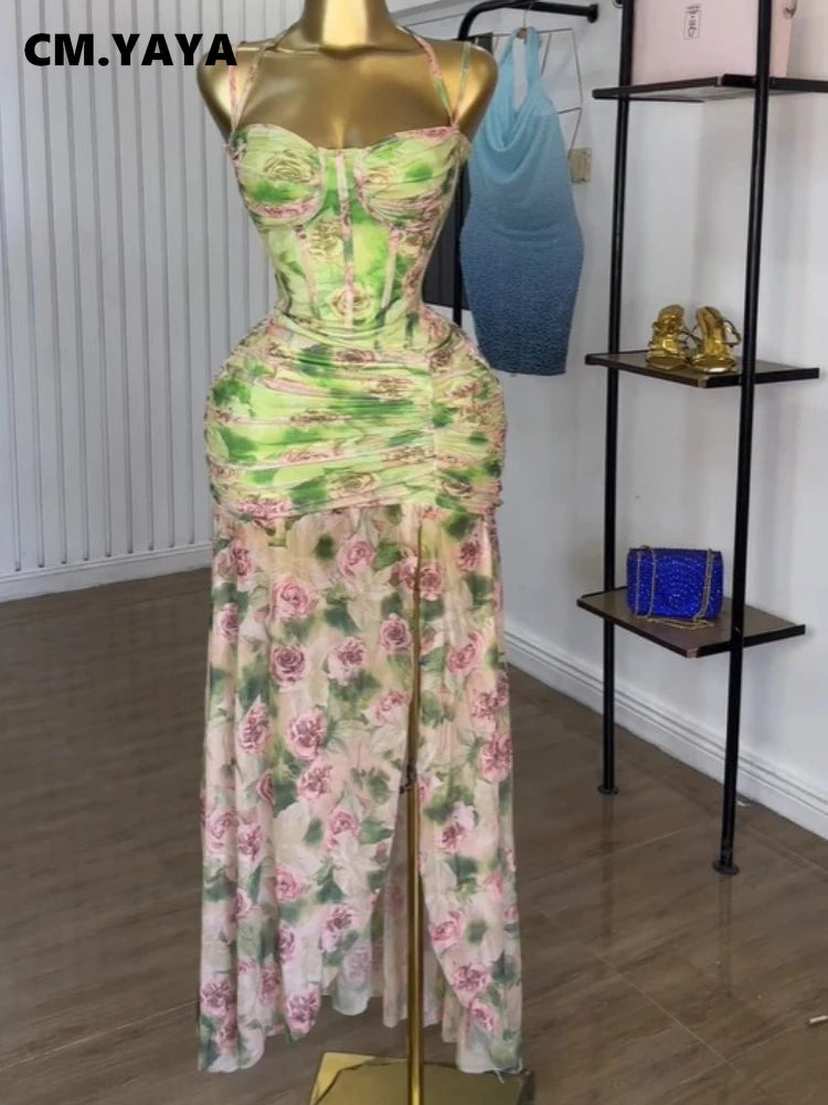 CM.YAYA Women Sleeveless Floral Print Strap Stacked Ruched High Split Tunic Maxi Long Dress 2025 Birthday Vacation Beach Dresses