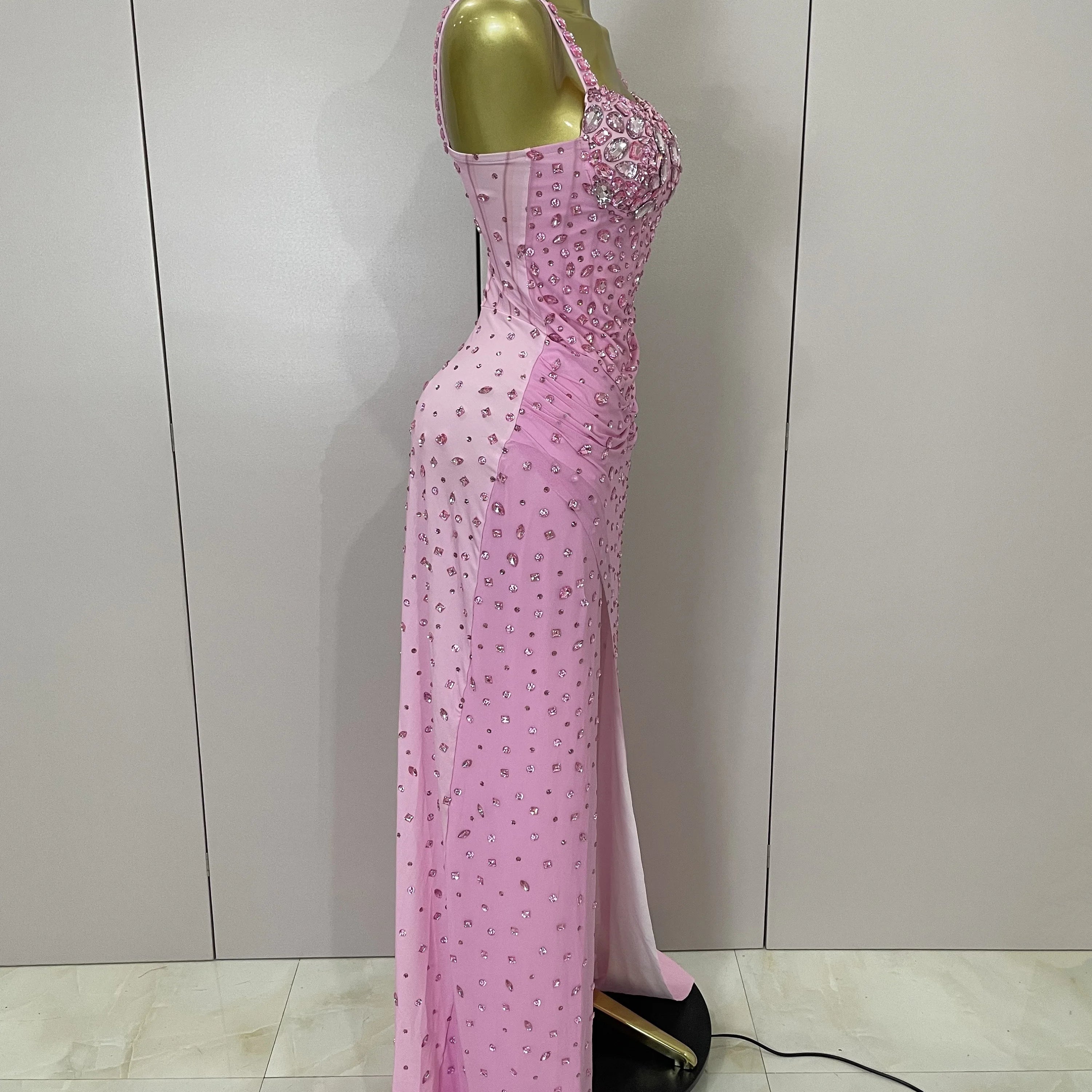 Luxury Pink Rhinestones Split Floor Length Dress 2025 Women Sexy Evening Celebrate Birthday Party Dress Photoshoot Stage Wear
