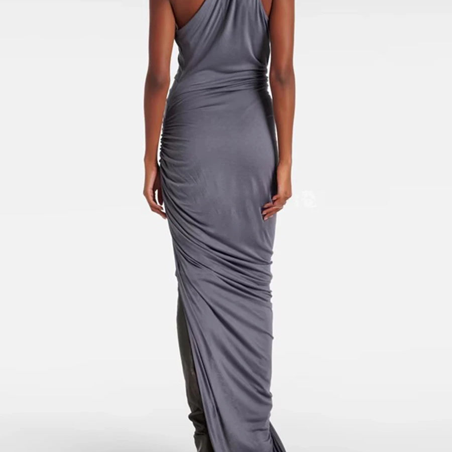 TWOTWINSTYLE Solid Slimming Spliced Folds Irregular Dresses for Women Diagonal Collar Sleeveless Split Dress Femlae Clothing New