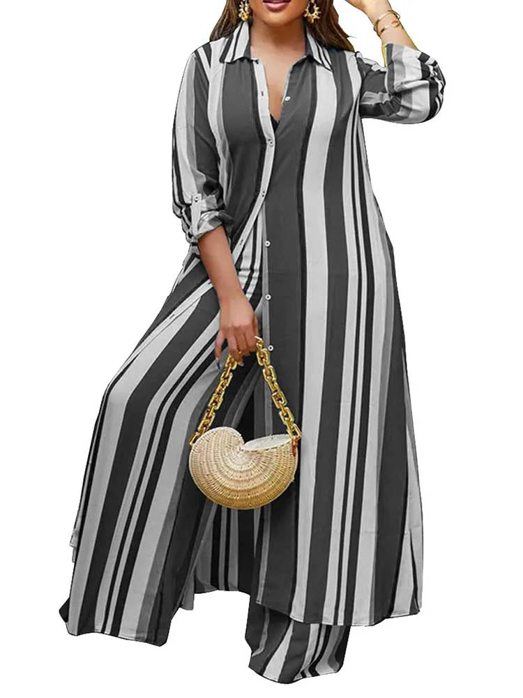 2 Piece Outfit Set Women Plus Size Matching Sets Long Shirt Top and Pants Sets Striped Casual Outfits 5xl Women Autumn Clothes
