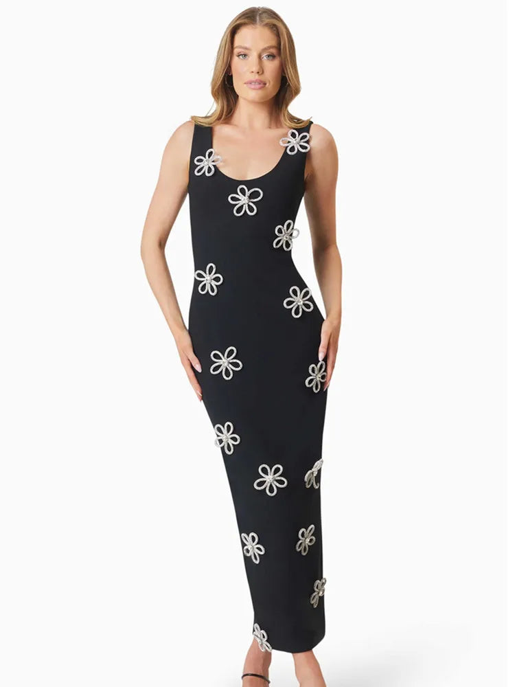 Women Celebrity Sexy Tank Sleeveless Diamonds Black Ankle Length Bodycon Bandage Dress 2025 Elegant Evening Club Party Outfit